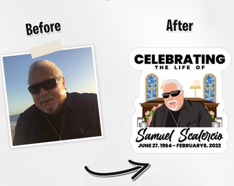 Personalized celebrating the life stickers, Memorial photo stickers, Personalized burial decals and stickers, Custom tribute art stickers