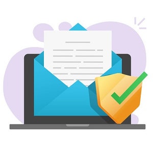 May include: A laptop computer with a blue envelope and a white document inside. A yellow shield with a green checkmark is in front of the envelope, indicating secure email.