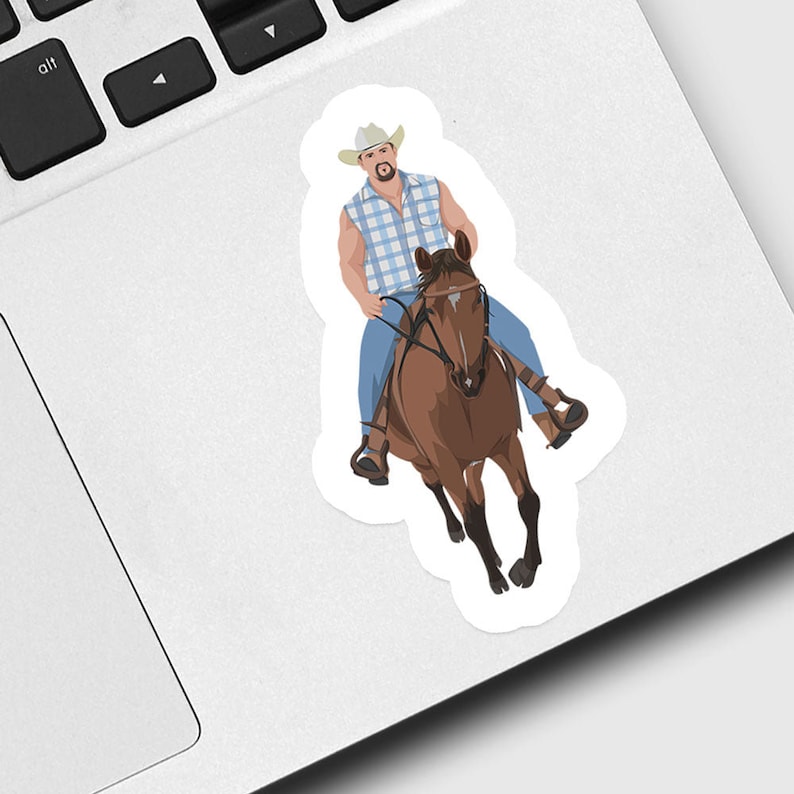 May include: A sticker featuring a cartoon illustration of a cowboy riding a brown horse. The cowboy wears a white hat, a blue plaid shirt, and blue jeans. The horse is in motion, suggesting a fast pace.