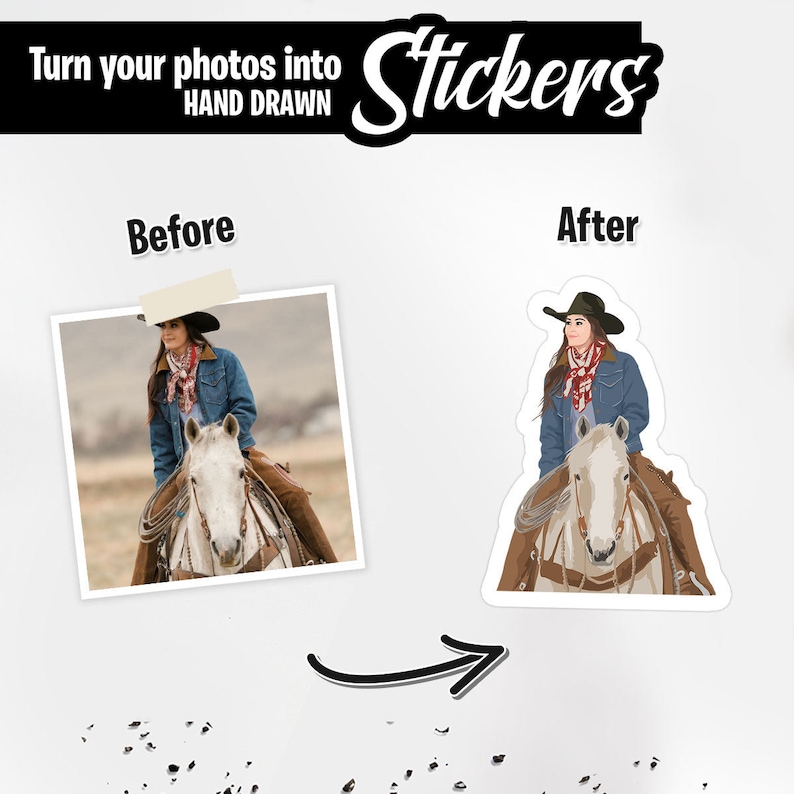 May include: Image showing a before-and-after comparison of a photo turned into a sticker. The original photo shows a person on a horse. The sticker version is a hand-drawn illustration of the same person and horse. Text reads: "Turn your photos into Stickers, Hand Drawn."