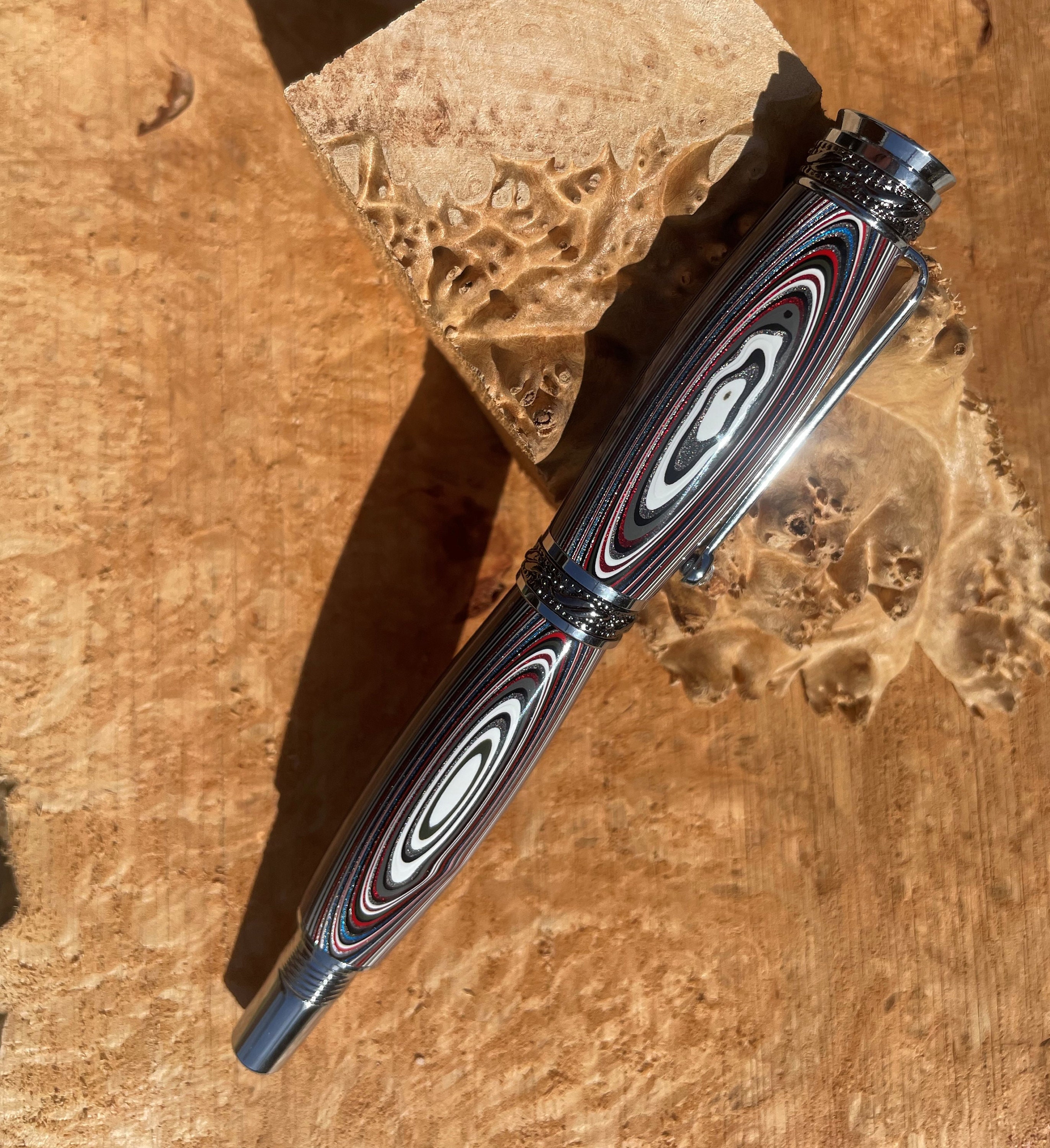 Fordite Chrome & Gun Metal Majestic Junior Rollerball Pen in black lacquer pen box
