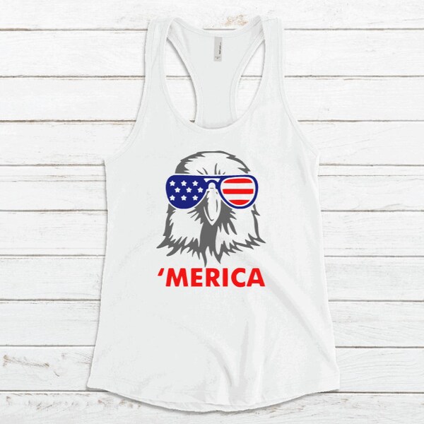 Women's Patriotic Tank Top or T-Shirt - Eagle with American Flag Sunglasses "'MERICA", 4th of July or Summer Racerback Tank Top