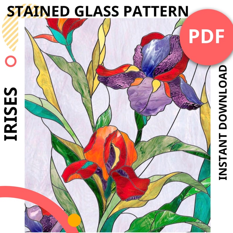 Stained glass panel pattern Irises stained glass window Etsy