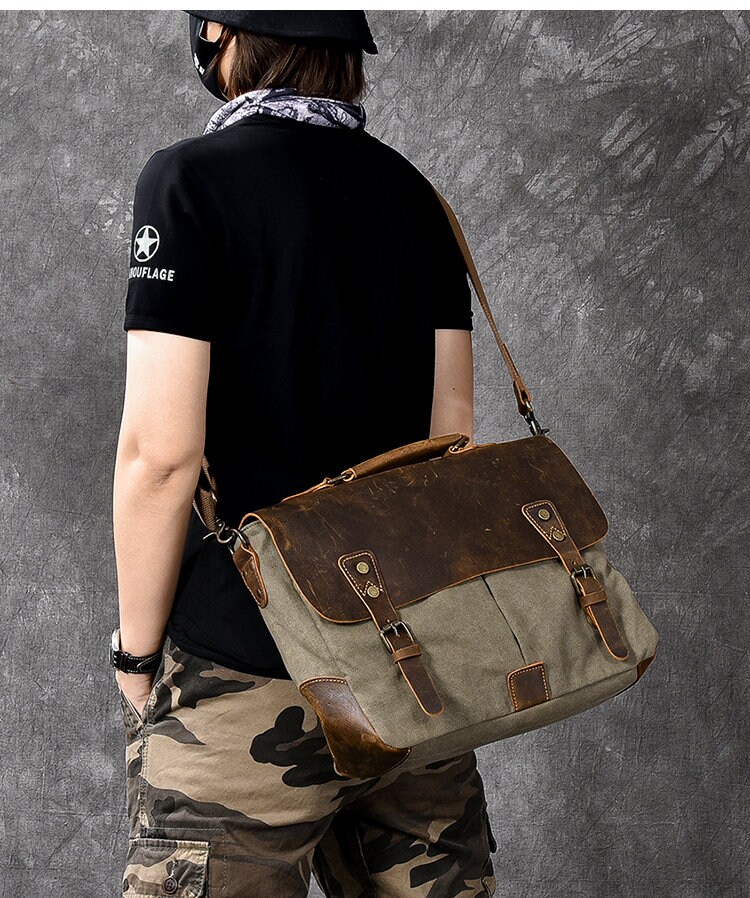 Waxed Canvas Leather Messenger Bag/crossbody Bag/mens Laptop Messenger