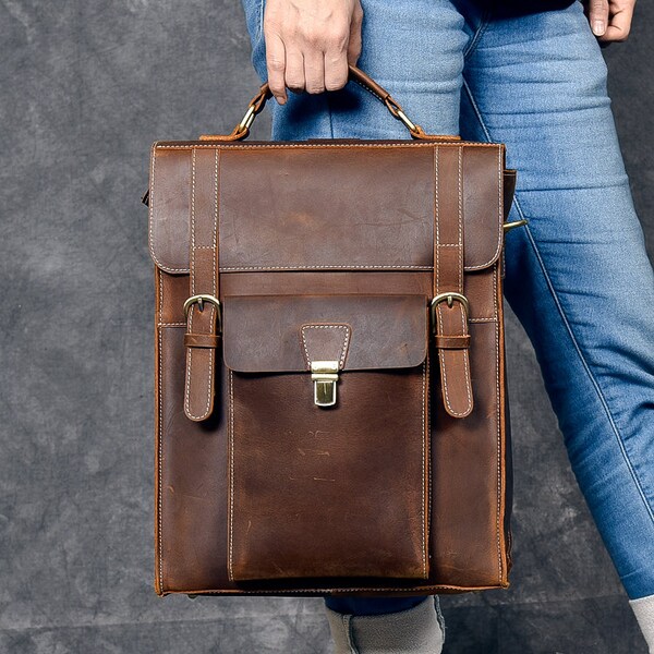 Leather Men Backpack Briefcase Etsy