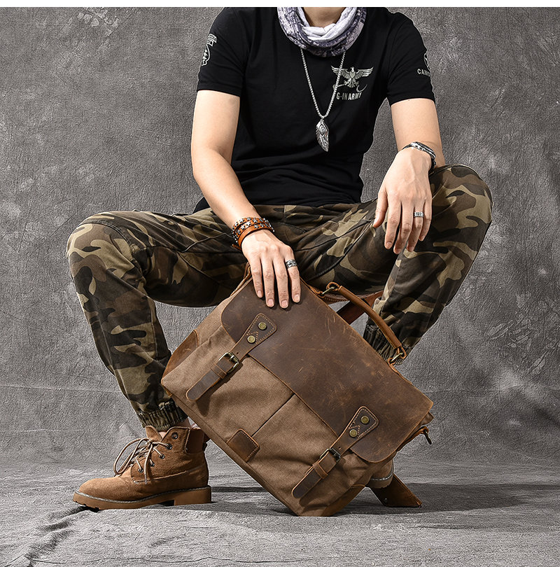 Mens Waxed Canvas Messenger Bag Full Grain Leather With Canvas Shoulder Bag  Crossbody Bag Gift For Him MC6070