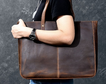 Brown Leather Tote Work and Travel Leather Bag Leather Computer Bag for Women Men Leather Shopper Tote Bag