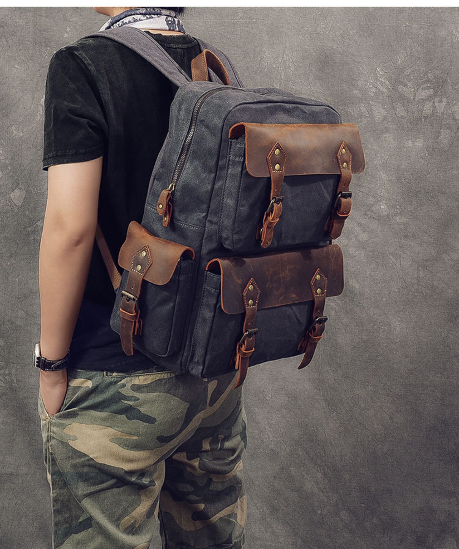 Canvas Backpack Men Leather Backpack Leather Bag Men Leather - Etsy