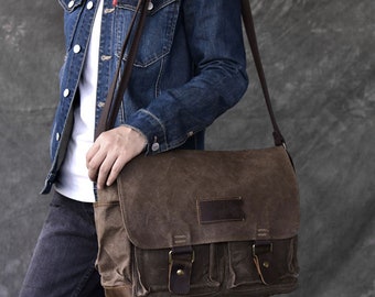 Waxed Canvas Lederen Messenger Bag / Crossbody Tas / Mens Laptop Messenger Bag / lederen aktetas / Wax Canvas Tas / Camera Tas / Cadeau voor hem