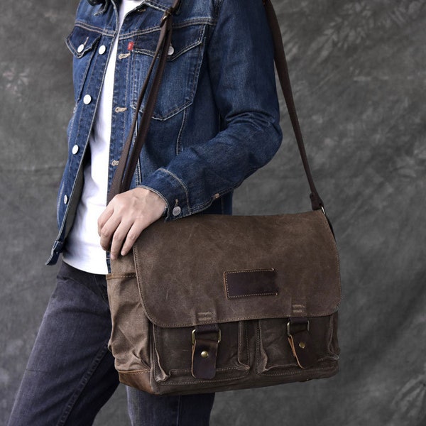 Sac de messager en cuir de toile ciré/sac crossbody/sac de messager d’ordinateur portatif de Mens/mallette en cuir/sac en toile de cire/sac d’appareil-photo/cadeau pour lui