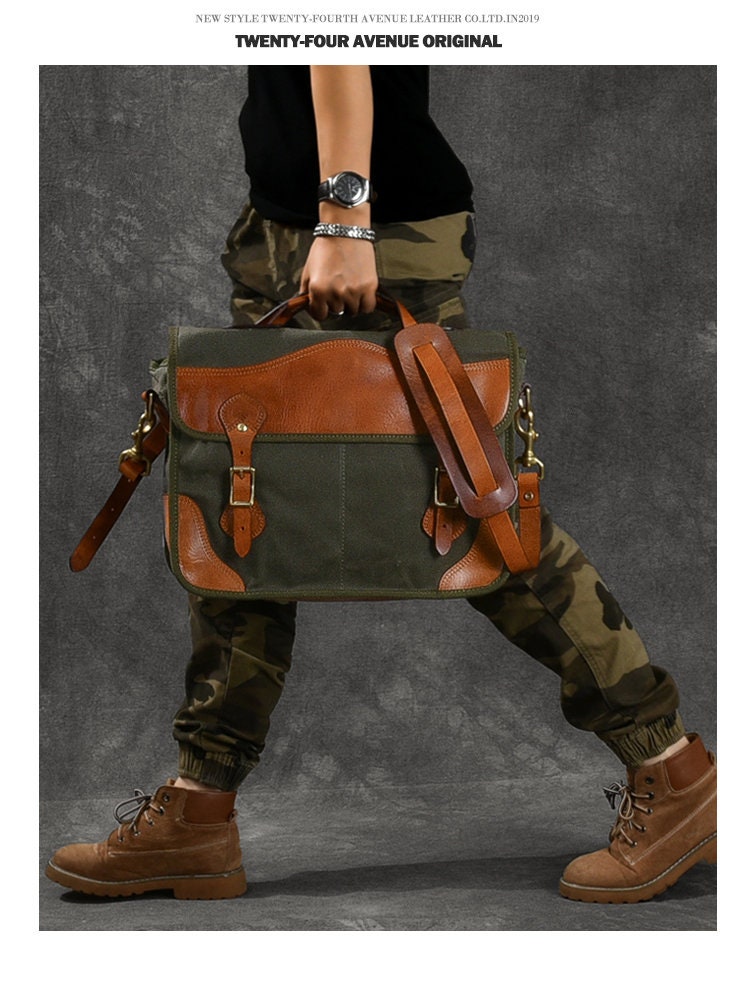 Waxed Canvas Leather Messenger Bag/crossbody Bag/mens Laptop Messenger