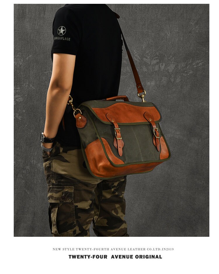 Waxed Canvas Leather Messenger Bag/crossbody Bag/mens Laptop Messenger