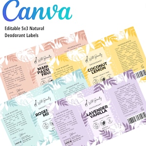 May include: Five colorful labels for natural deodorant with a whimsical illustration of a giraffe. Each label features a different scent: Coconut Lemon, Lavender Vanilla, Rose Mint, Mango Passion Fruit, and a fourth scent that is unclear. The labels are designed with a white background and feature a black outline of a giraffe with a pink, yellow, blue, or purple background. The labels include the brand name "Wild Beauty", the product name, and the ingredients. The labels also include the phrase "Vegan | Cruelty Free".