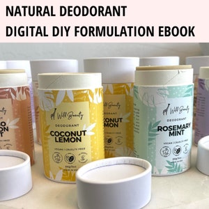 May include: A close-up of three natural deodorant containers with labels that say "Wild Beauty" and different scents: Coconut Lemon, Coconut Mon, and Rosemary Mint. The containers are white with a brown top and are made in the USA.