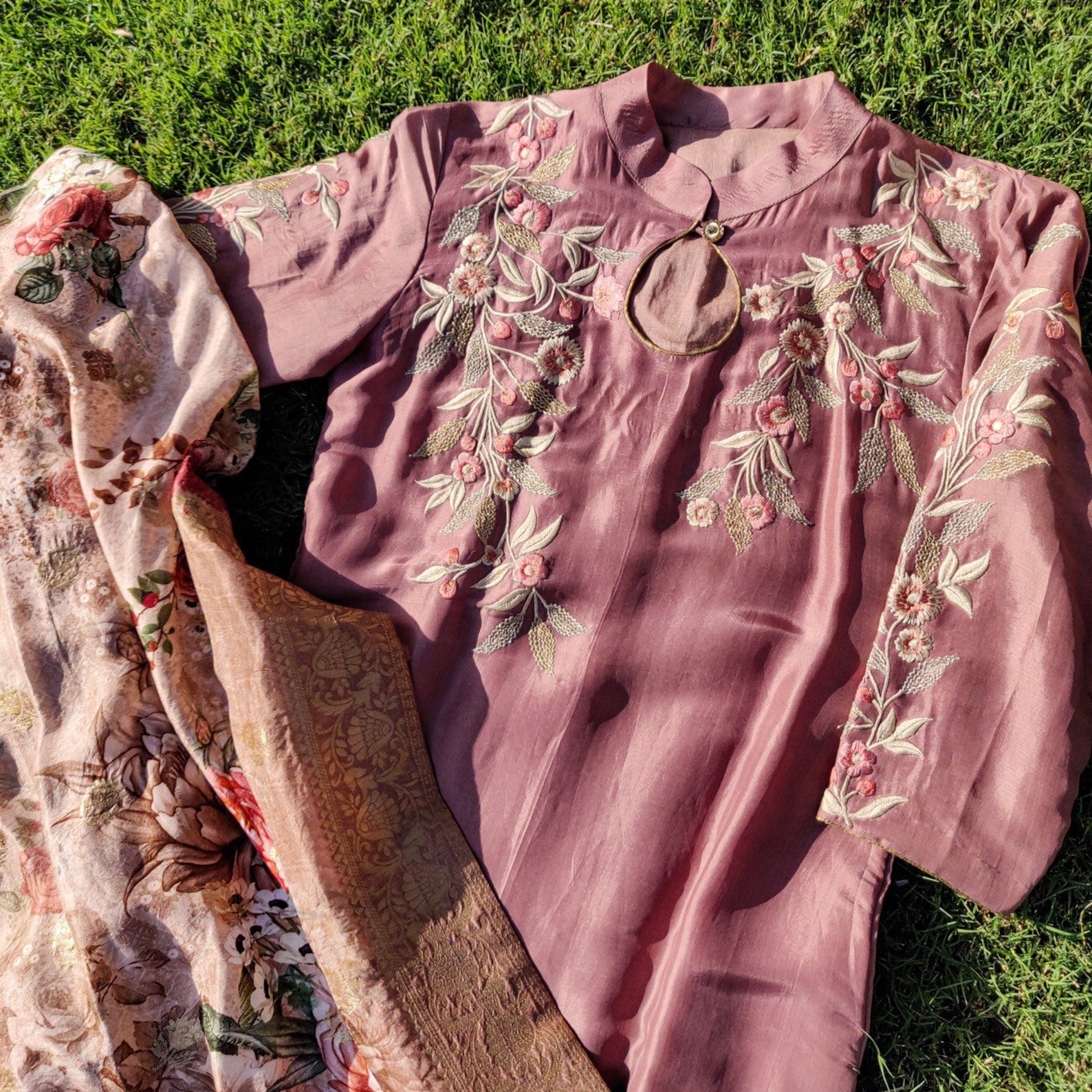 Dusty peach silk shirt Digital print banarasi dupatta Hand | Etsy