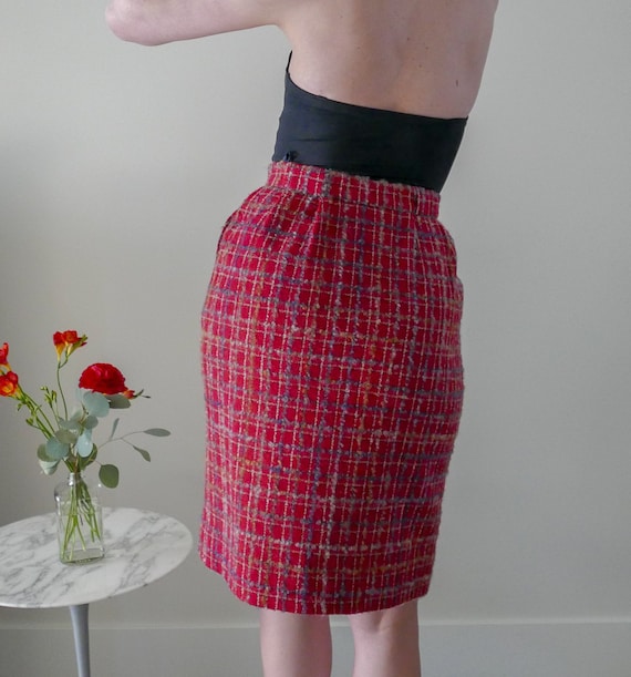 Vintage Made in Scotland Wool Tweed Plaid Red Skirt Chanel style 60s 50s Etsy UK