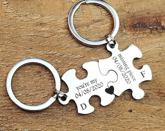 custom puzzle piece key chains couples keyrings 2Pcs personalized date for boyfriend girlfriend, husband wife matching couple kerying set