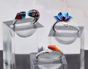 Lotus Flower Ring Koi Fish Lucky Japanese Adjustable Jewelry Nature Open Band Rings 925 SS Enamel Ring Gift for Her Anniversary Birthday