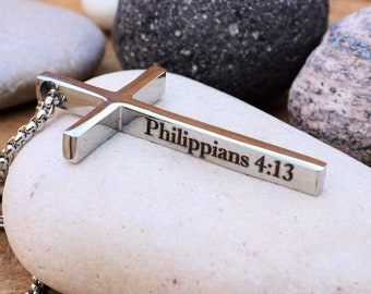 cross necklace men personalized engraved cross customized men cross pendant baptism gift men Philippians 4:13 bible verse necklace religious