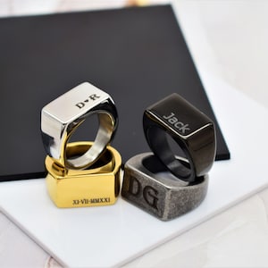 Anillo de sello para hombre con monograma personalizado grabado, iniciales, anillos cuadrados y rectangulares, regalo personalizado para novio, hombre y padre.