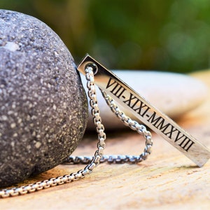vertical bar necklace men personalized 3D bar necklace for men name bar necklace 4 sided laser engraved mens necklace roman numeral necklace
