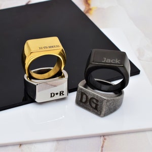 Mens Signet Ring Engraved Custom Monogram Name Initials Square Rectangle Rings Personalized Gift for Boyfriend Man Father