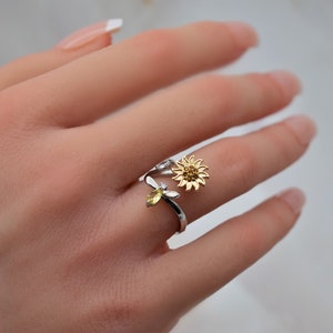 Sunflower Anxiety Ring Fidget Spinner Rings Stress Relief Adjustable Open Ring Sterling Silver Flower Floral Signet Ring