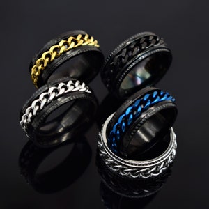 Mens Fidget Ring Adjustable Anti Stress Anxiety Rings with Rotating Chain Spinner Worry Meditation Gift for Her Man Him