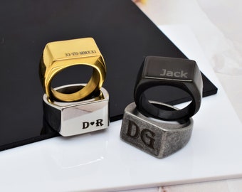 Anello con sigillo da uomo inciso monogramma personalizzato nome iniziali anelli rettangolari quadrati regalo personalizzato per fidanzato uomo padre