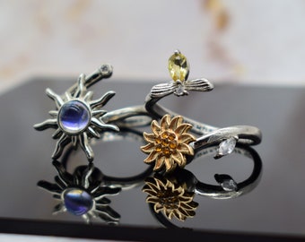 Fidget Ring Adjustable Anti Stress Anxiety Sunflower Rings Star Spinner Worry Meditation Gift for Her Women Daughter