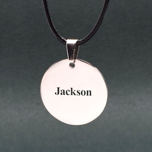 Custom Engraved Initial Necklace: Stainless Steel Medallion, Leather Cord