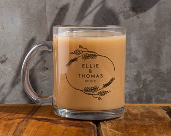 Personalized Clear Glass Mug: Botanical Design, Custom Wedding Gift