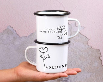 Floral Bridesmaid Proposal Camping Mug Minimalist Maid of Honor Campfire Mug Personalised Bridesmaid Camp Mug Enamel Mug - Double Sided