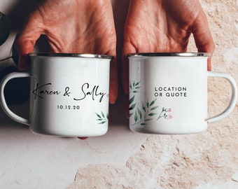 Mrs and Mrs Enamel Camp Mug: Lesbian Wedding Gift, Floral Greenery