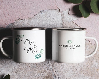 Mrs and Mrs Mugs: Lesbian Wedding Gift, Floral Enamel Camp Mug