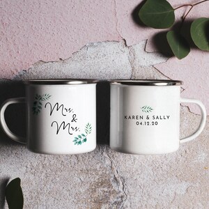 Mrs and Mrs Mugs Lesbian Wedding Gift Camping Mug Lesbian Wedding Mugs Enamel Mug Camp Mug Gay Wedding Gift Floral Greenery / Double Sided