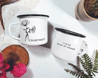 Floral Bridesmaid Camping Mugs Maid of Honor Campfire Mug Minimalist Personalised Bridesmaid Camp Mug Enamel Mug