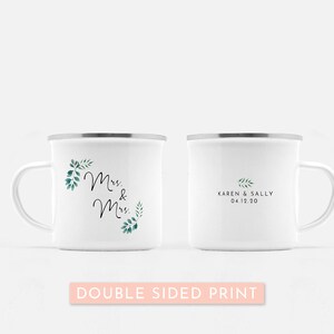 Mrs and Mrs Mugs: Lesbian Wedding Gift, Floral Enamel Camp Mug image 2