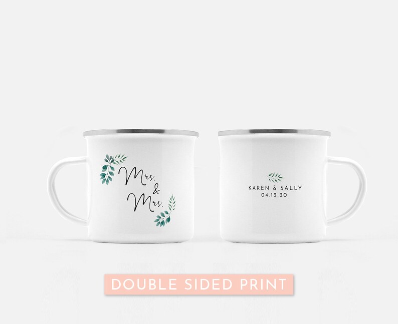 Mrs and Mrs Mugs: Lesbian Wedding Gift, Floral Enamel Camp Mug image 2