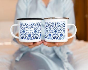 Blue Toile Floral Mug with Name, Blue Chinoiserie Mug, Customizable Floral Mug