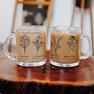 Family Birth Flower Mug, Mother&#39;s Day Gift Glass Mug, Birth Month Glass Mug