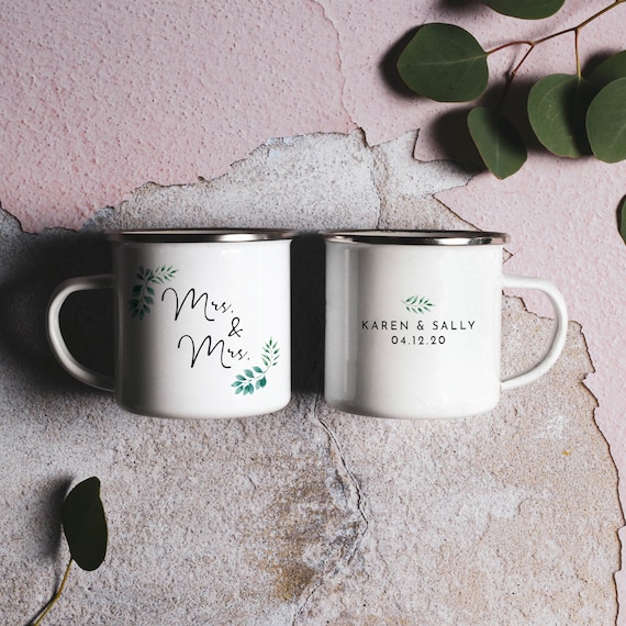 Mrs and Mrs Mugs: Lesbian Wedding Gift, Floral Enamel Camp Mug