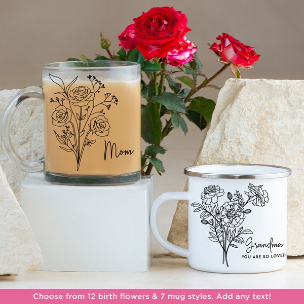 Mug floral personnalisé, cadeau personnalisé pour elle, mug fleurs sauvages, mug floral, mug personnalisable, cadeau botanique personnalisé, mug double face