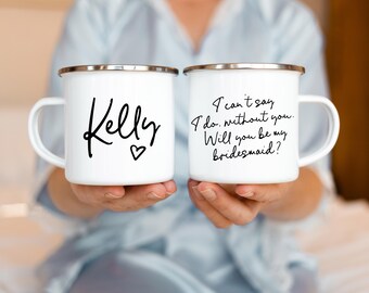 Minimalist Bridesmaid Proposal Mug Gift - Wedding Party Mugs - Enamelware with Name