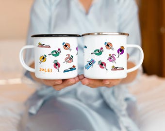 Lake Camp Bachelorette Mug, Customizable Enamel Mug with Pool Float Girls, Summer Beach Gift