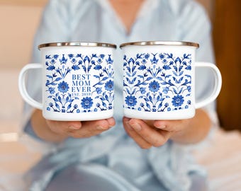 Mother's Day Mug Best Mom Ever Gift, Blue Toile Mug, Blue Chinoiserie Mom Mug