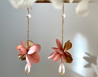 boucles d’oreilles fleurs stabilisées — LOUISE vieux rose et or