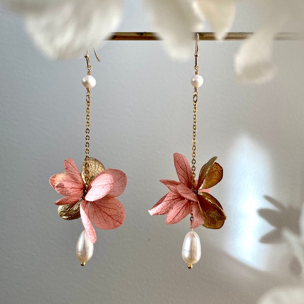 boucles d’oreilles fleurs stabilisées — LOUISE vieux rose et or