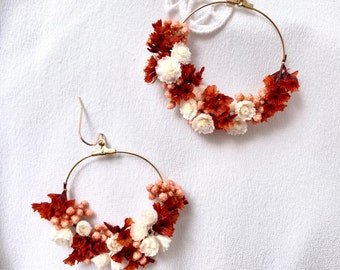 Collection "PETIT MIGNON" boucles d'oreilles fleurs stabilisées-- LYDIA terracotta blanc