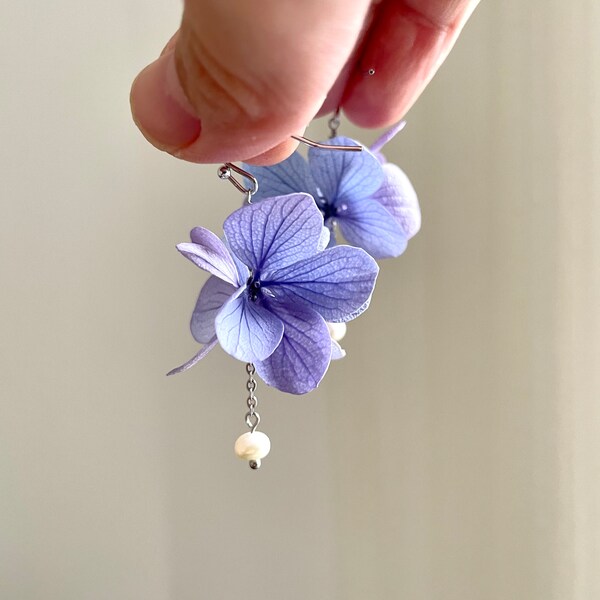 boucles d’oreilles fleurs stabilisées et perle d’eau douce — UMA violet dégradé